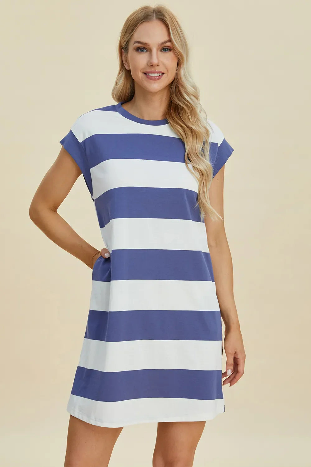 Striped Sleeve Mini Dress = Round Neck