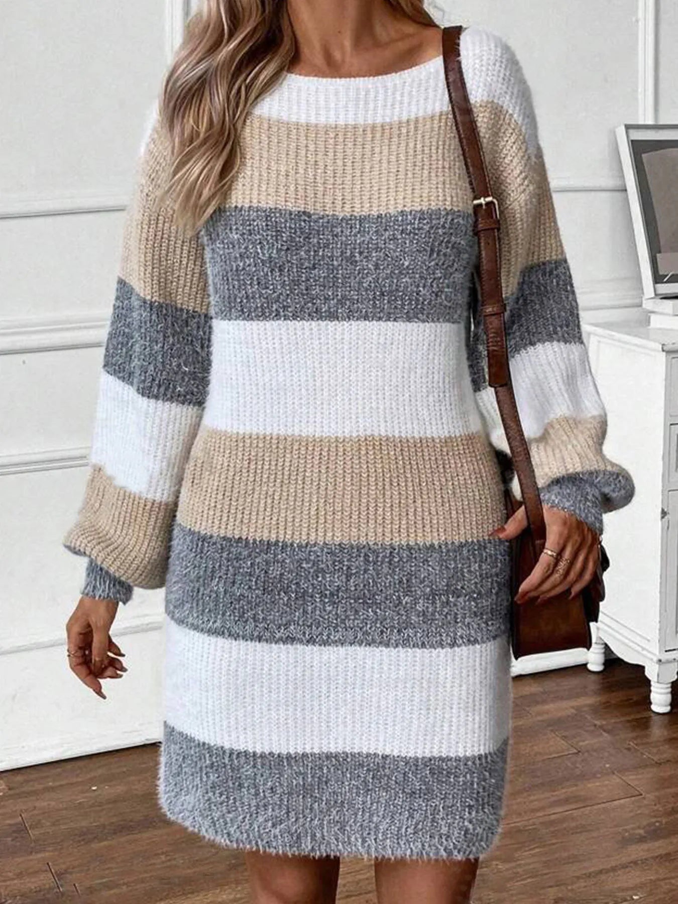 Color Block Long Sleeve Sweater Dress – Cozy Knit Fall Mini Dress