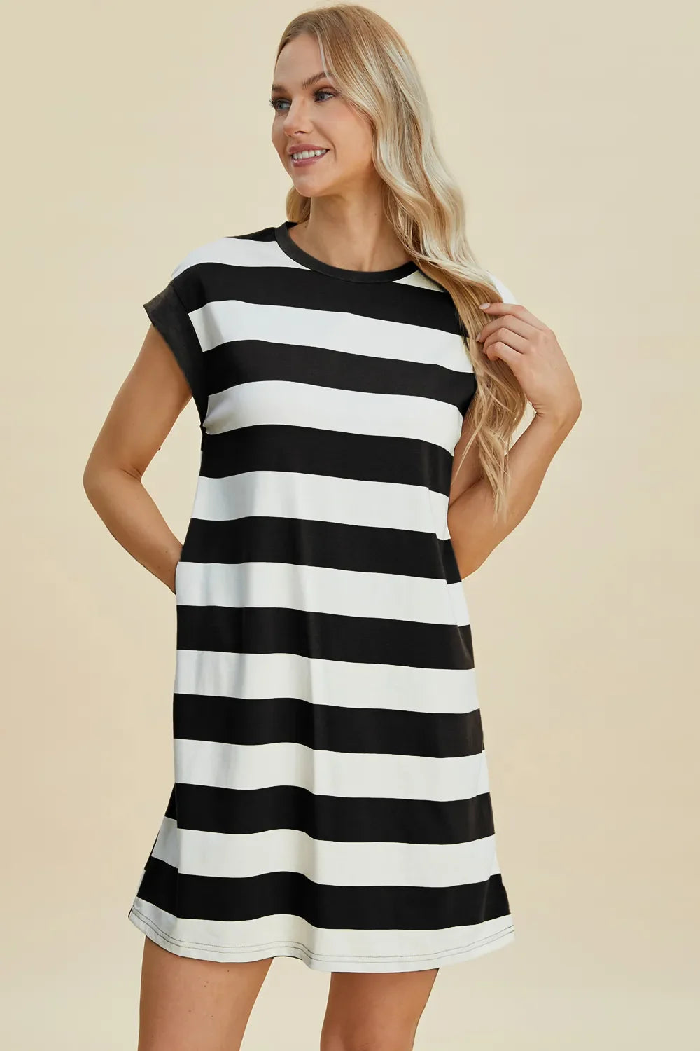Striped Sleeve Mini Dress = Round Neck