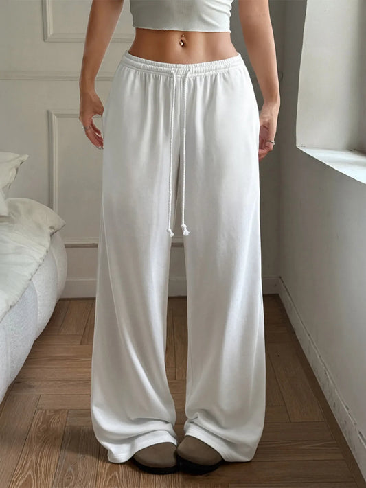 White Relaxed Wide Leg Drawstring Pants