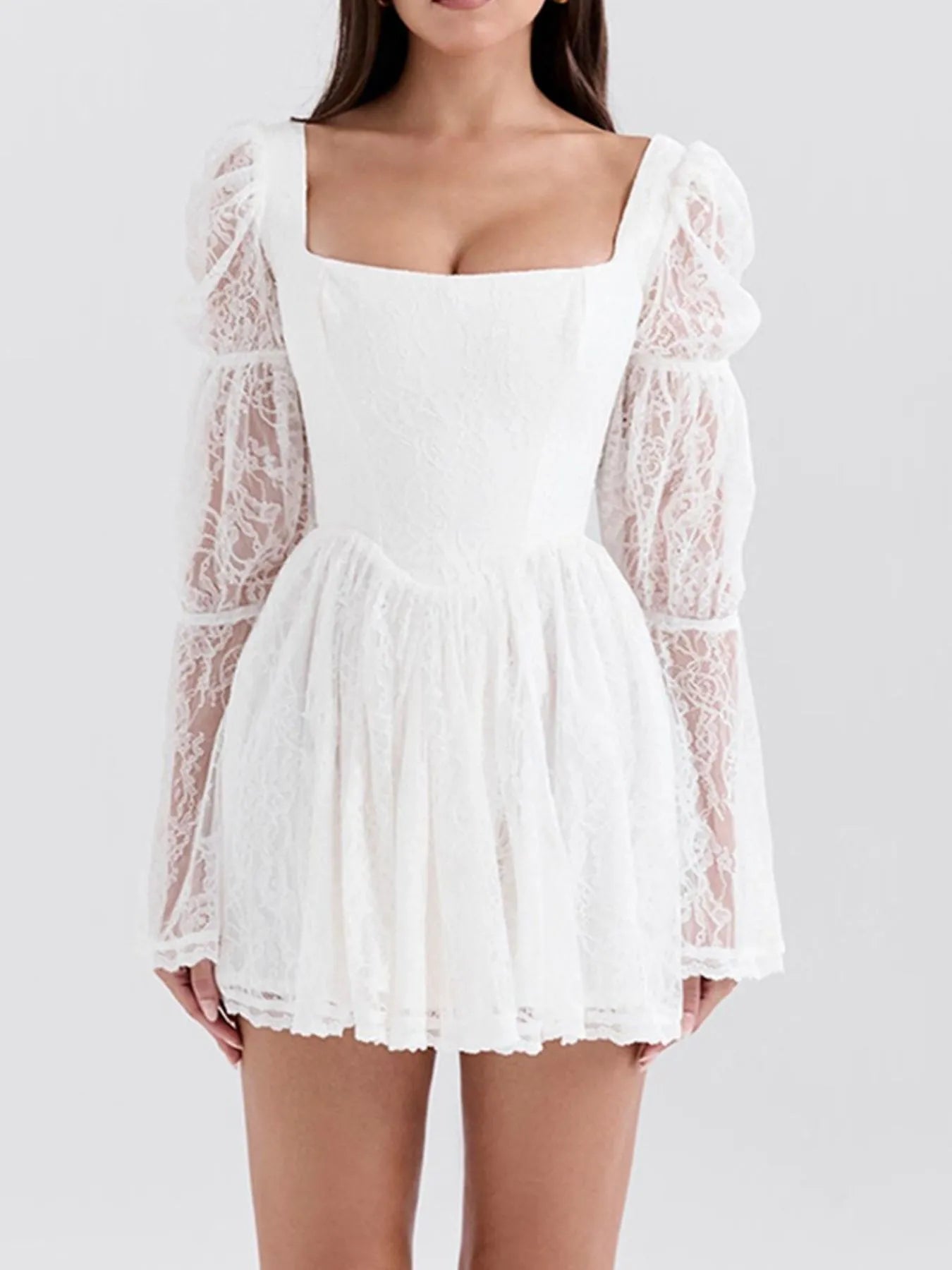 White Square Neck Lace Long Sleeve Dress – Elegant Vintage-Inspired Formal Dress for Women