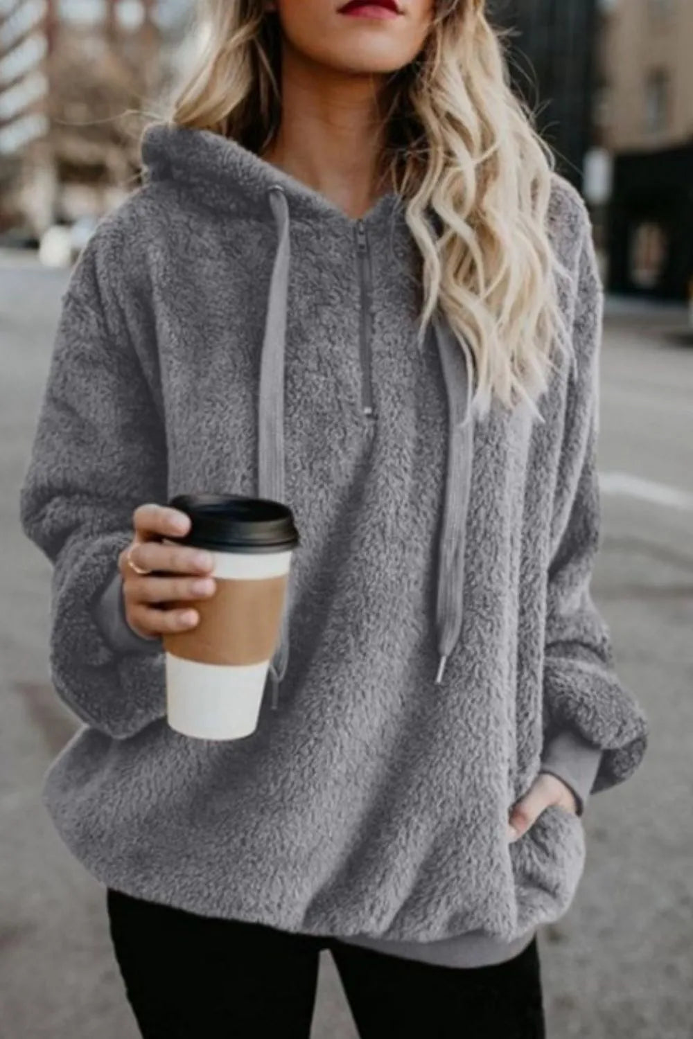Cozy Quarter-Zip Teddy Hoodie – Full Size, Plush & Playful with Drawstring Style