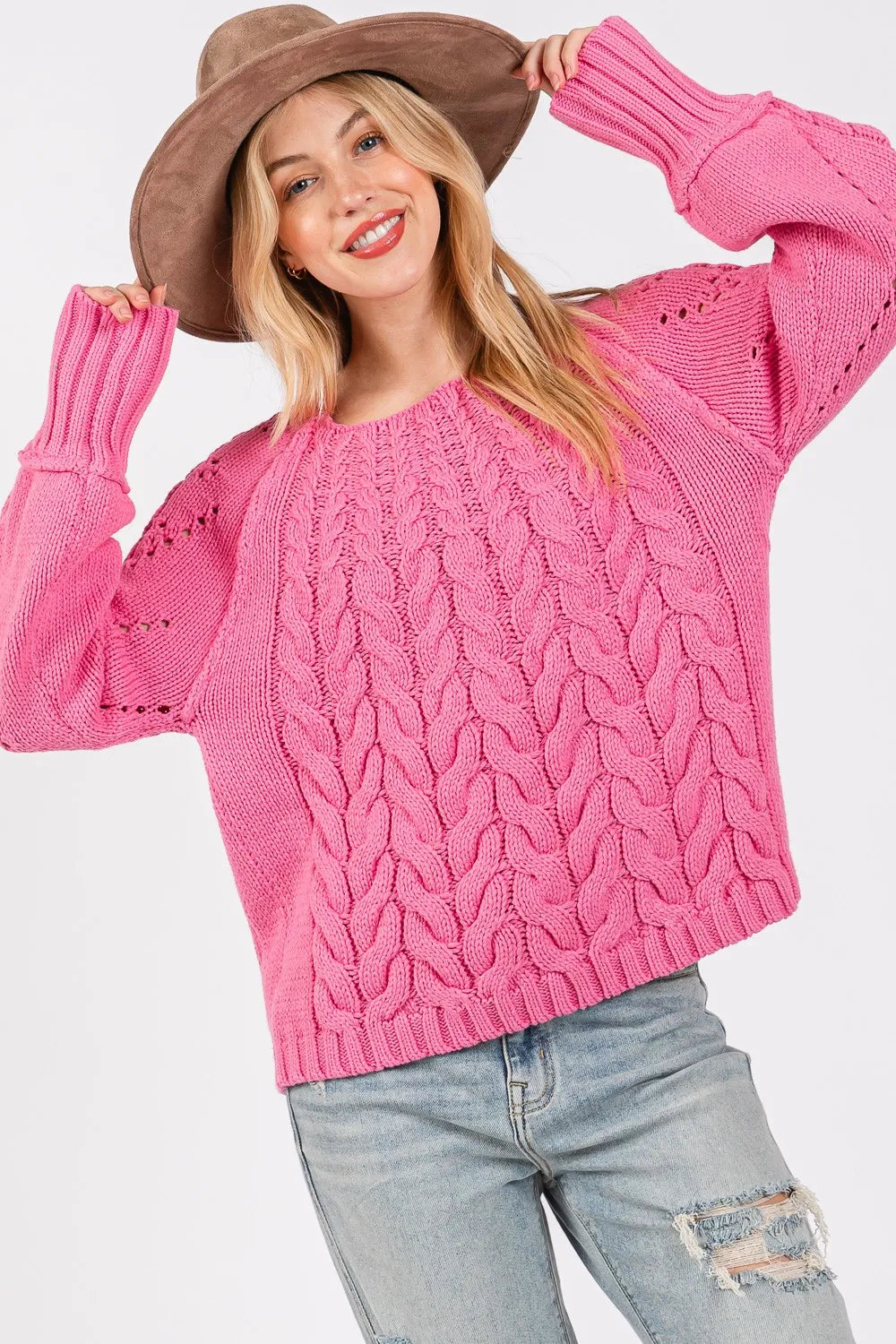 Deep Pink Cable-Knit Long Sleeve Sweater – Vibrant, Cozy Winter Style