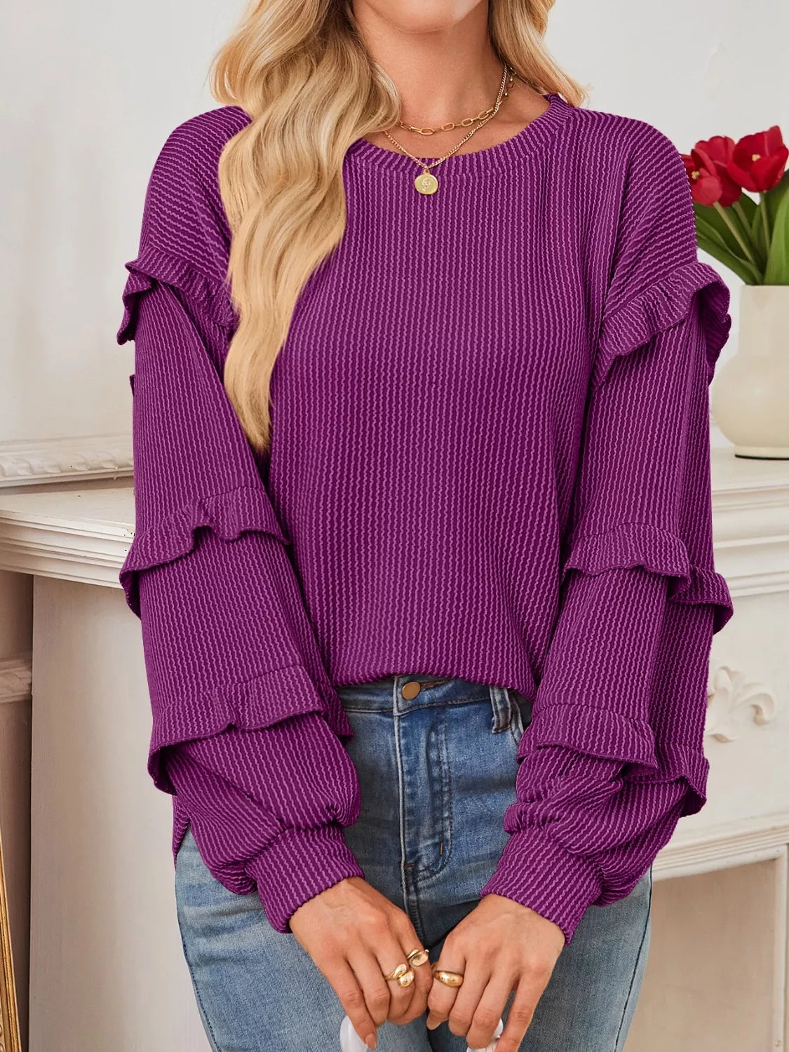 Ruffled Long Sleeve Knit T-Shirt