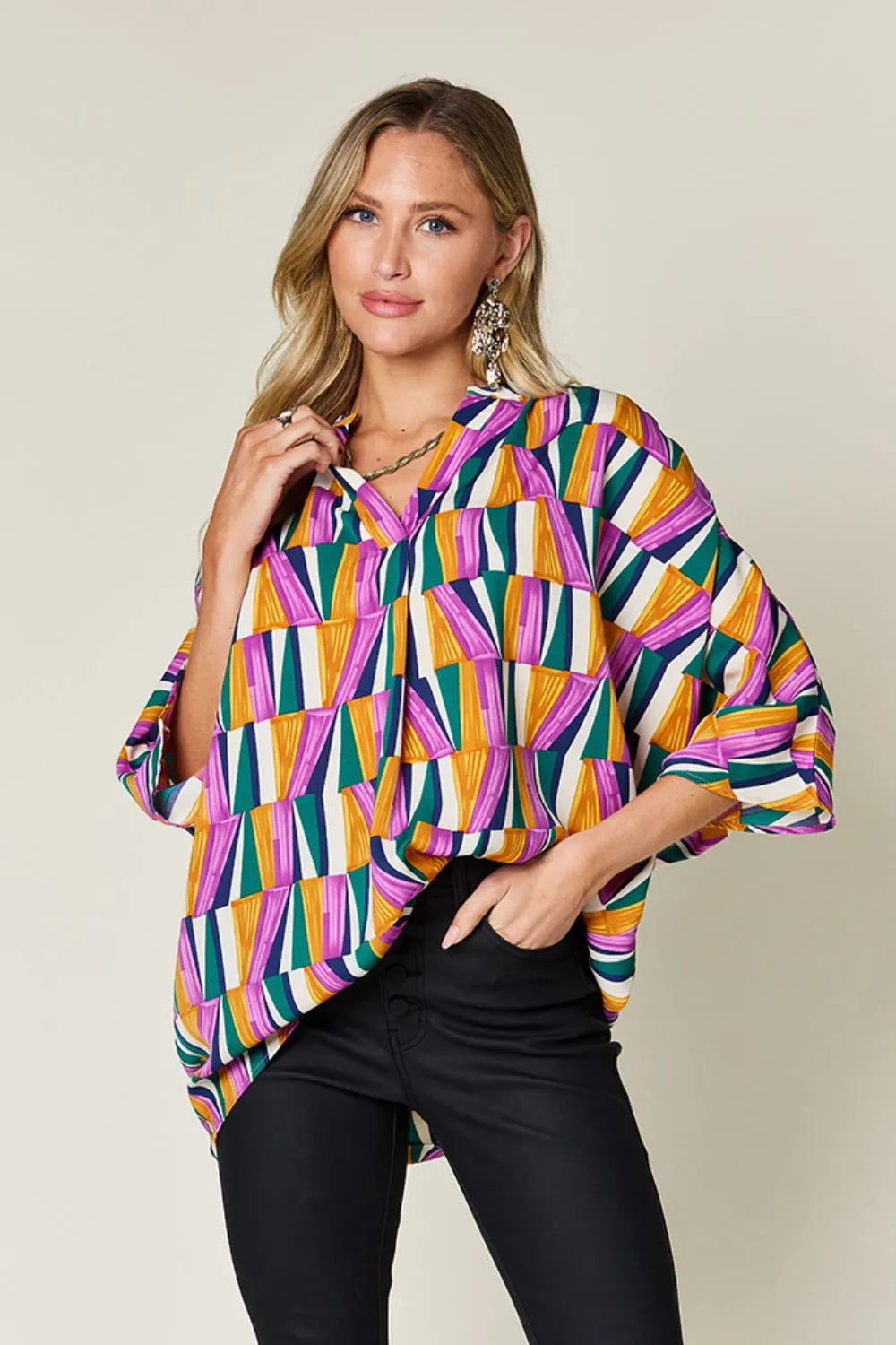 Color Pizazz Notched Dolman Sleeve Top