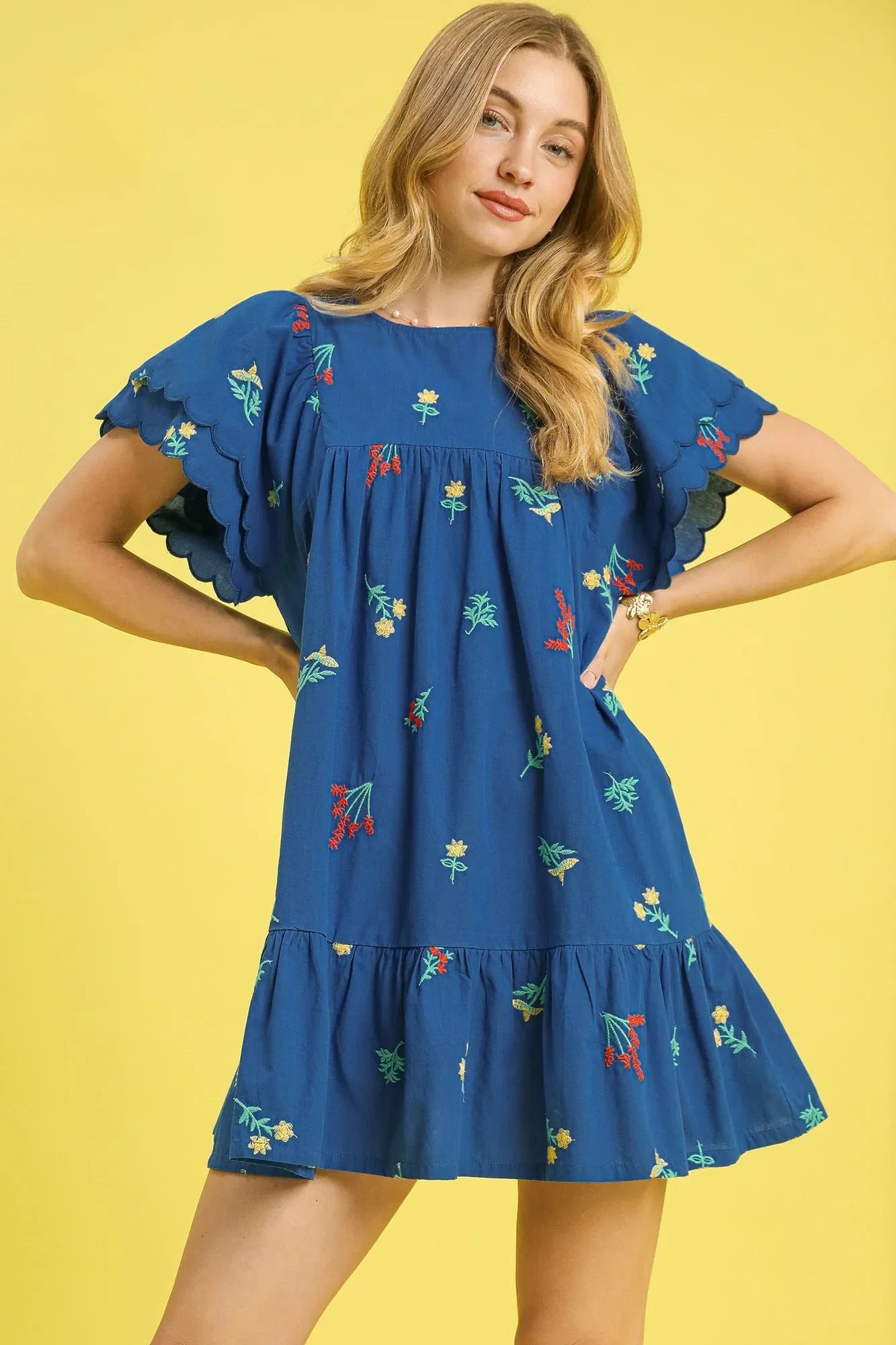 Dark Blue Floral Embroidered Mini Dress