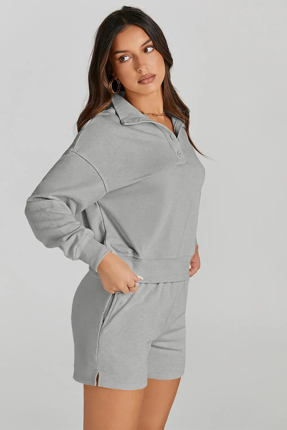 Sweatshirt and Shorts Set – Half Button, Sporty Fit