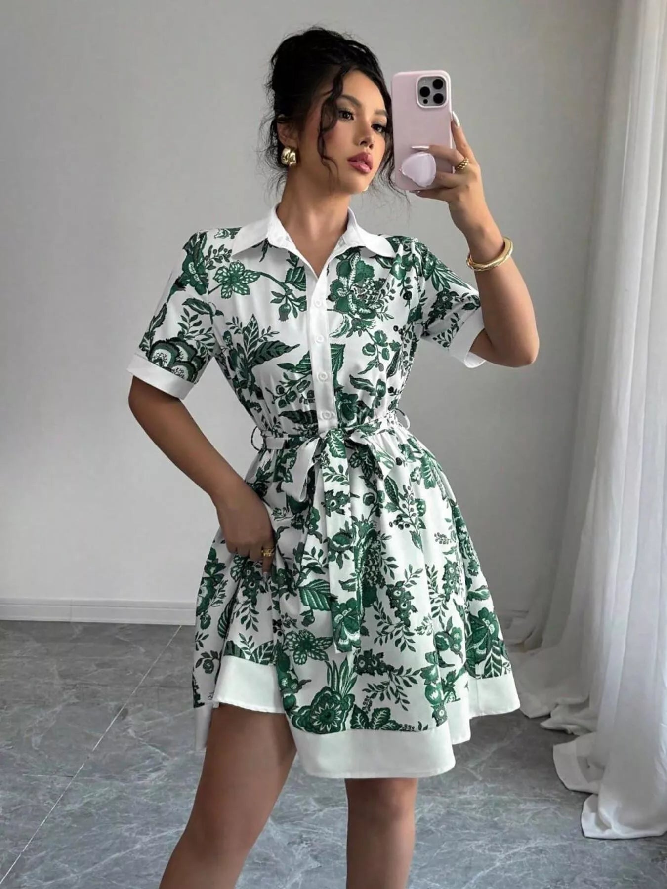 Floral Print Button-Front Shirt Dress – Casual Collared Mini Dress for Women