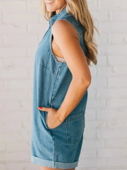 Zip Front Sleeveless Denim Romper