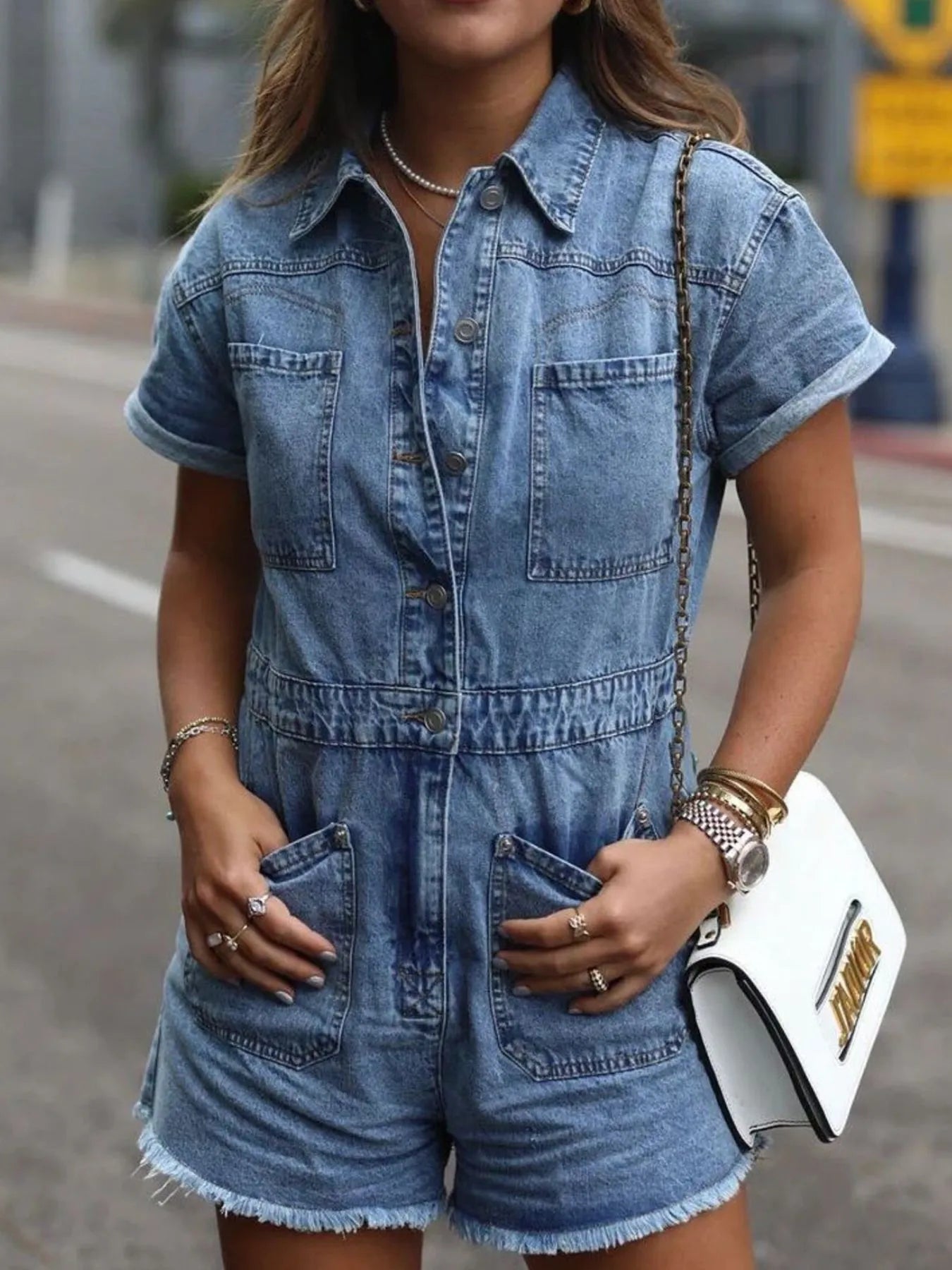 Short Sleeve Denim Romper with Front Pockets