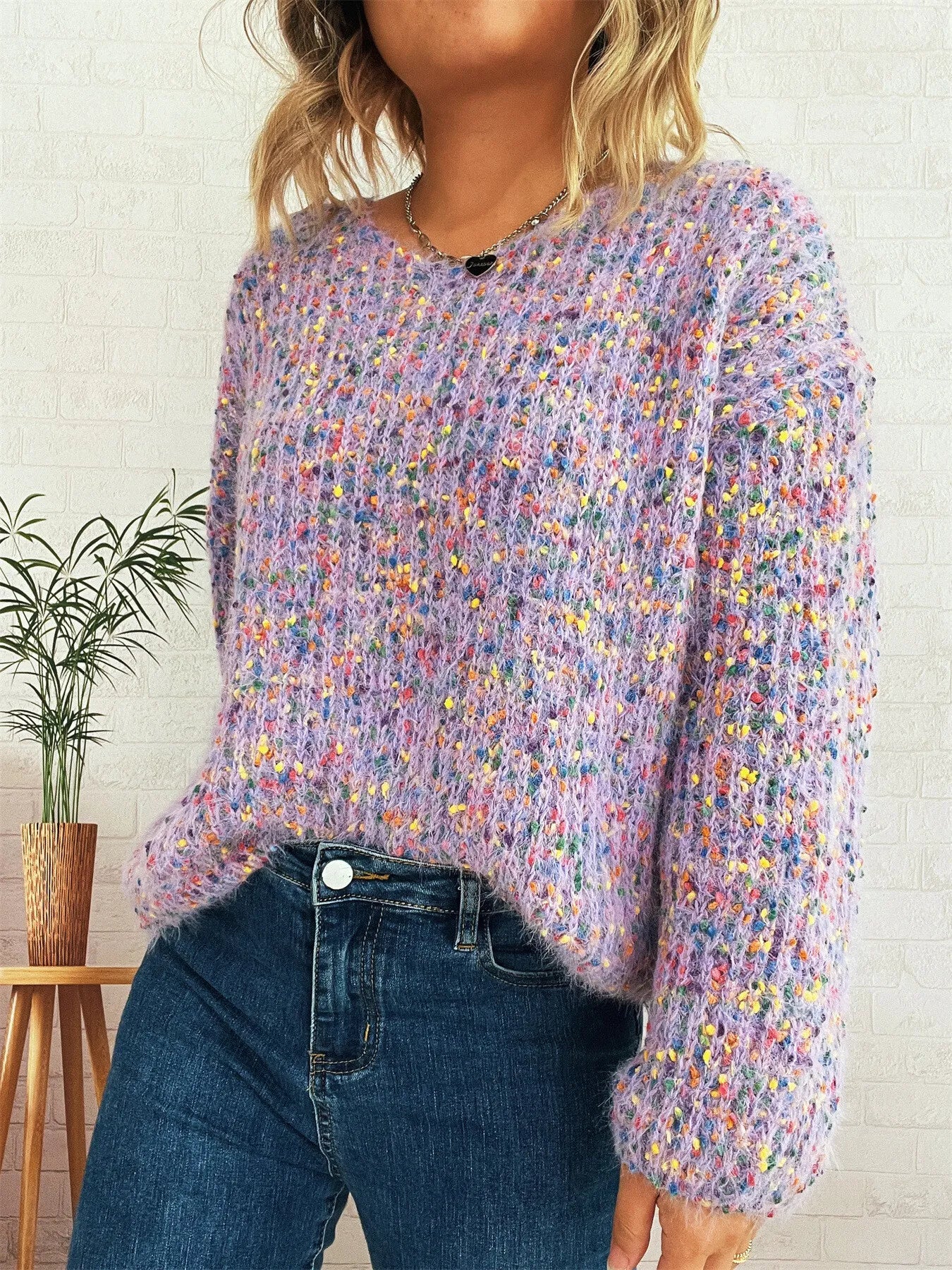 Women’s Colorful Long Sleeve Sweater – Vibrant Knit Pullover for Fall & Winter