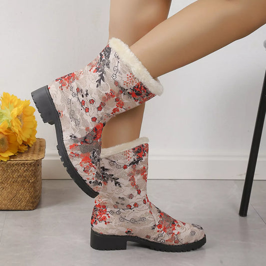 Floral Print Warm Lined Ankle Boots