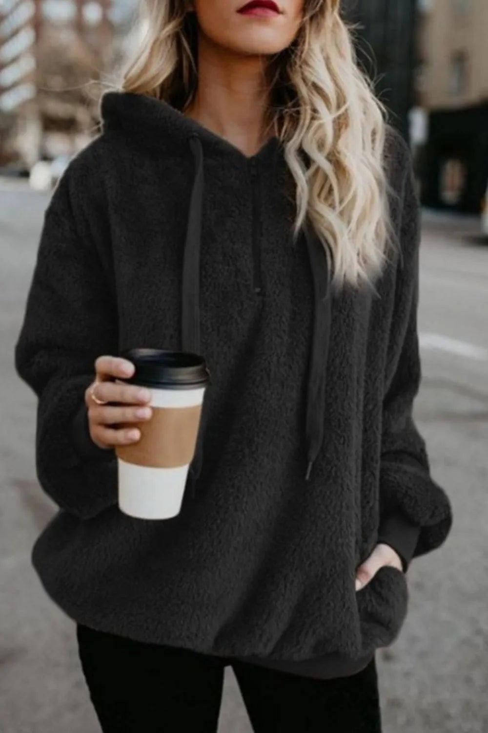 Cozy Quarter-Zip Teddy Hoodie – Full Size, Plush & Playful with Drawstring Style