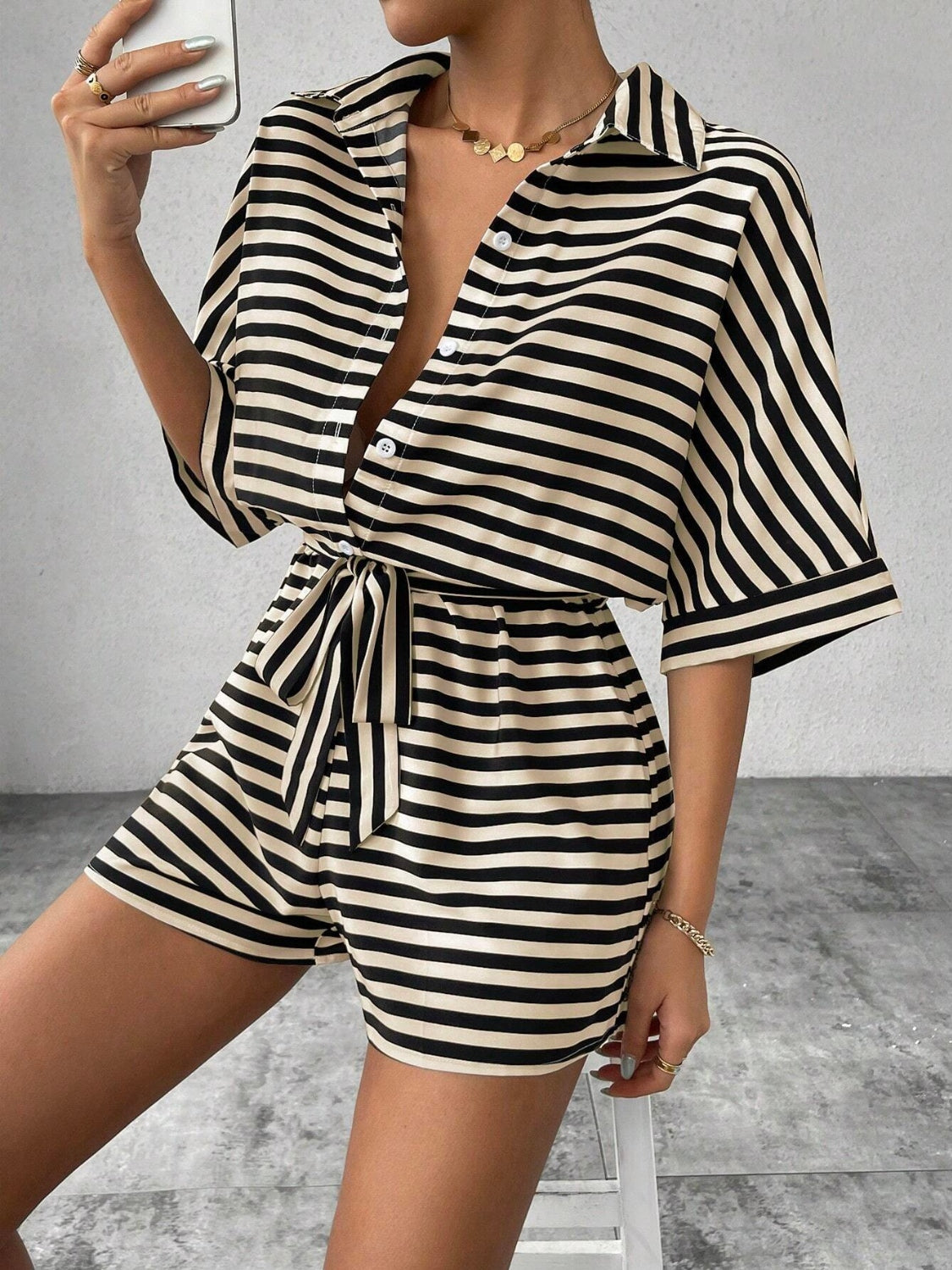 Striped Romper - Tie Waist