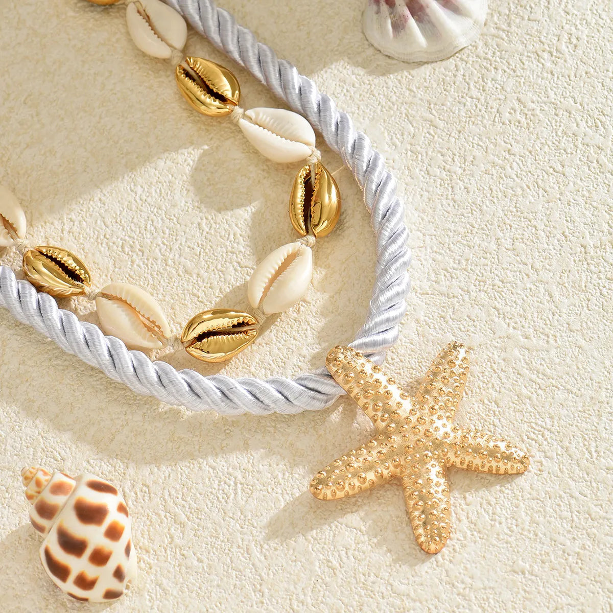 Boho Beaded Shell Starfish Necklace Set – Trendy 2-Piece Rope Jewelry for Women