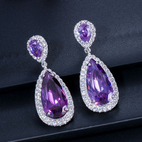 Classic Water Drop Earrings Micro Inlaid Zircon Long Earrings Purple