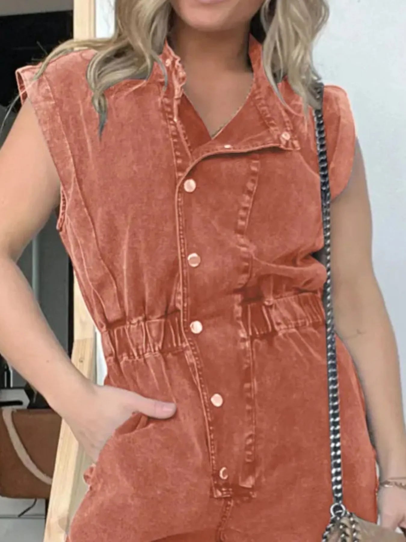 Full Size Button Front Cap Sleeve Denim Jumpsuit Plus Size
