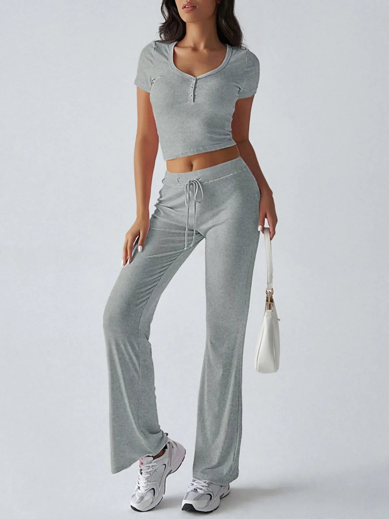 Casual Ribbed Short Sleeve Top and Pants Set