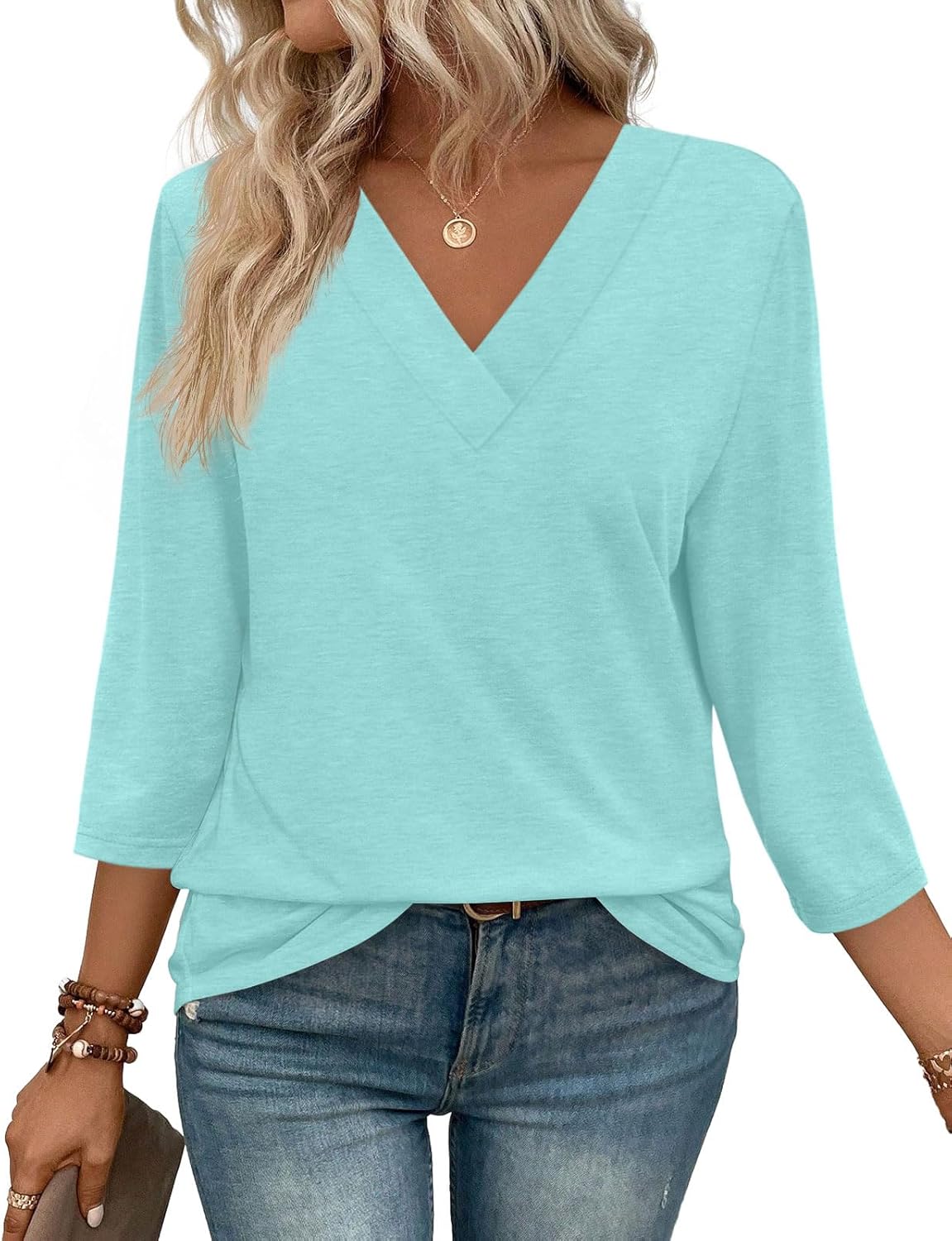 ⏰Hot Sale-Women's V Neck 3/4 Long Sleeve Tops Loose Fit Blouse (Buy 3 Free Shipping)