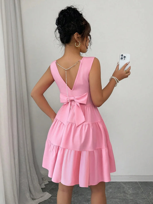Pink Flowy Tiered Dress – Sleeveless, Round Neck