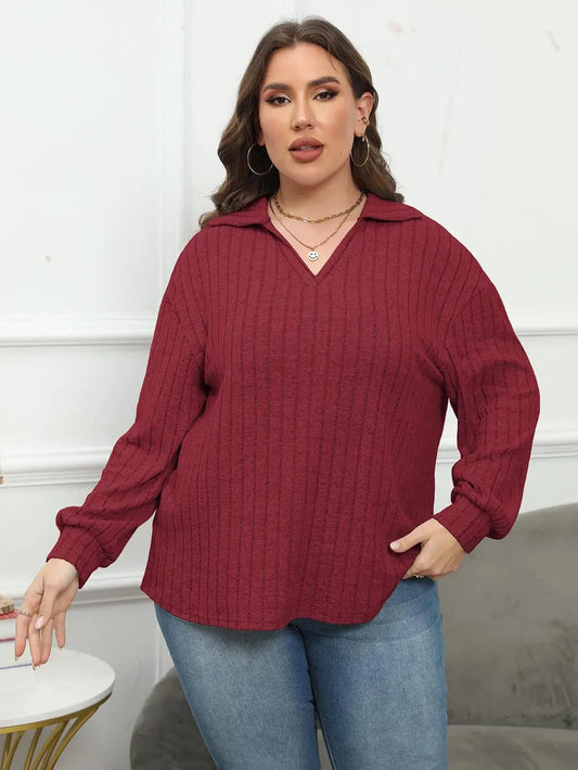 Plus Size Ribbed Collared Neck Long Sleeve Blouse