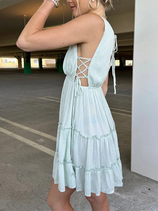 Deep V-Neck Tiered Mini Dress