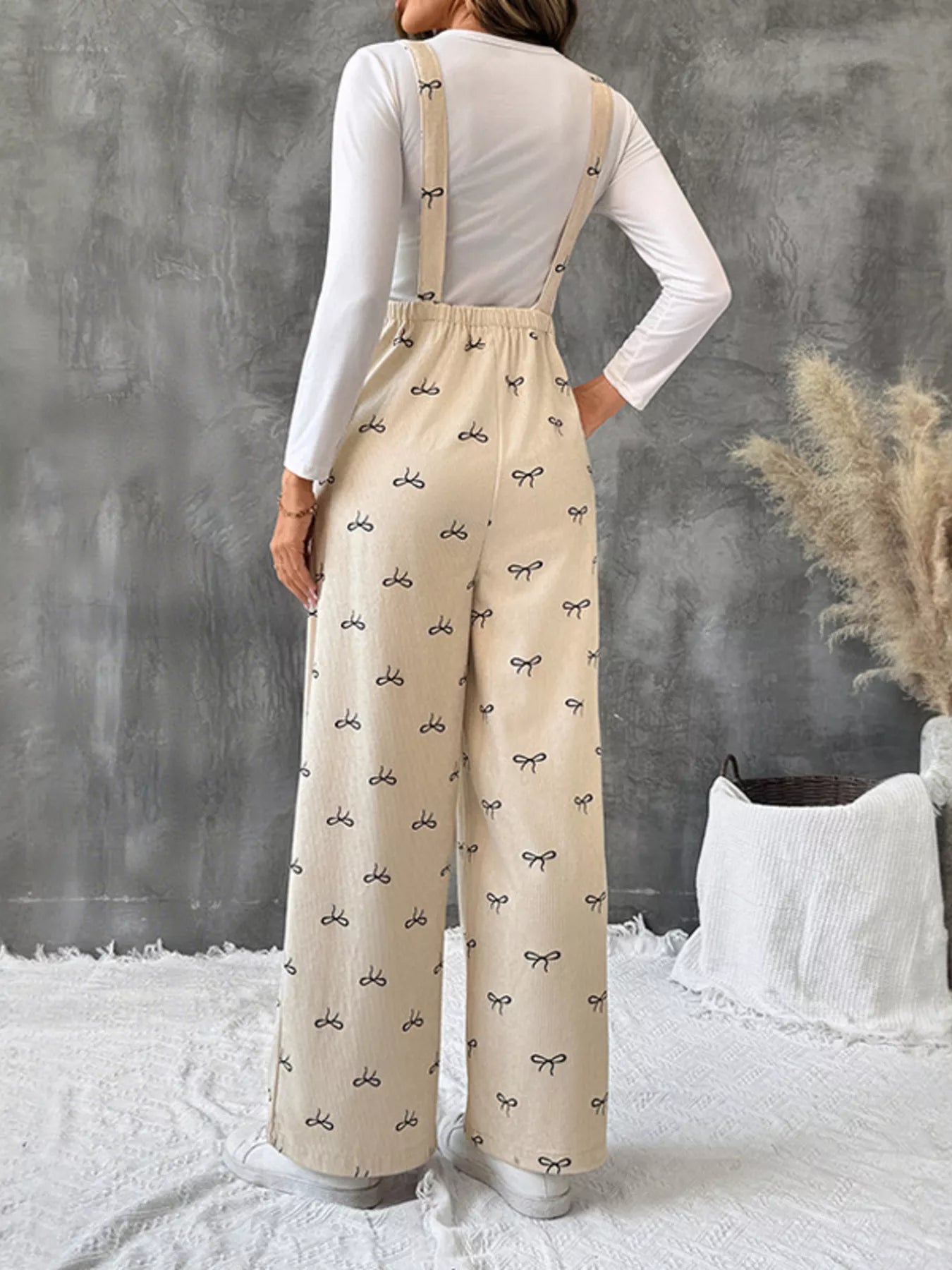 Women’s Bow Tie Wide Leg Corduroy Overalls – Trendy High Waist Loose Fit Jumpsuit