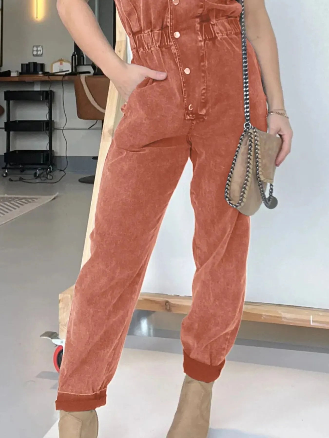 Full Size Button Front Cap Sleeve Denim Jumpsuit Plus Size