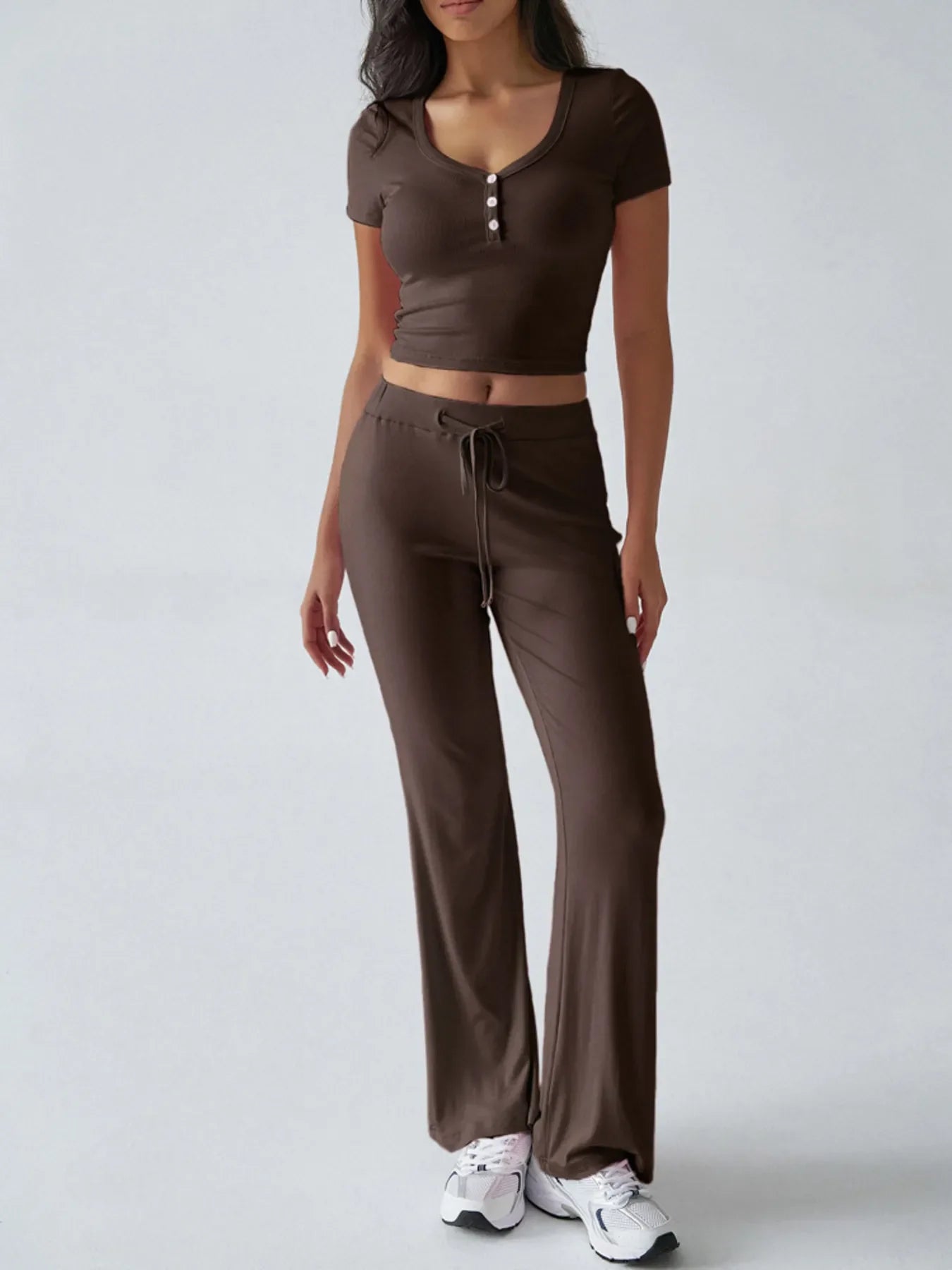 Casual Ribbed Short Sleeve Top and Pants Set