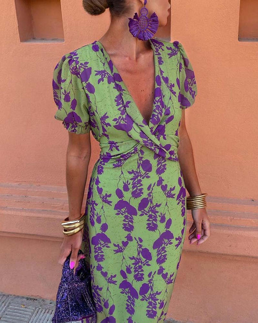 Della - Floral Puff Sleeve Midi Dress