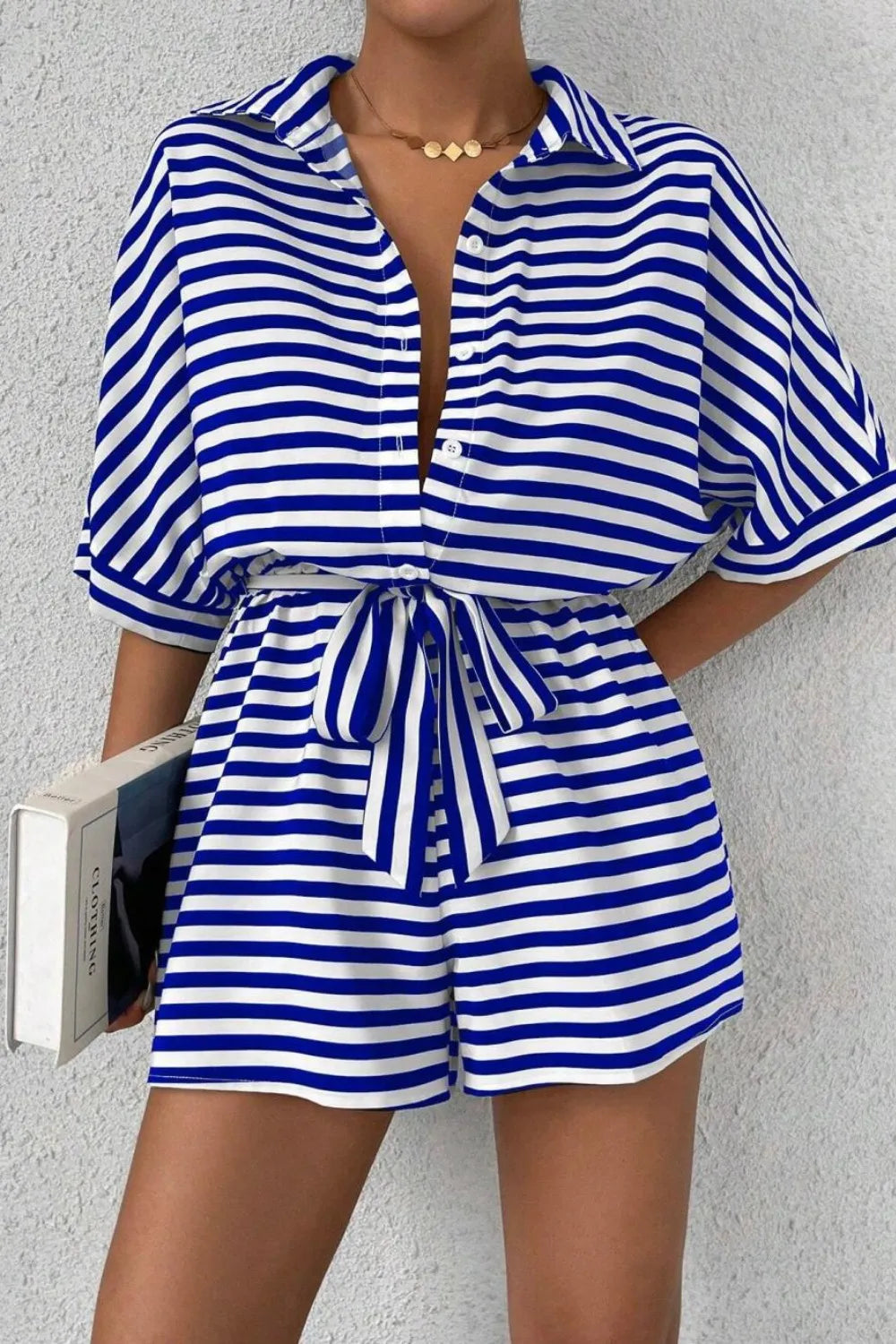 Striped Romper - Collared Tied Waist