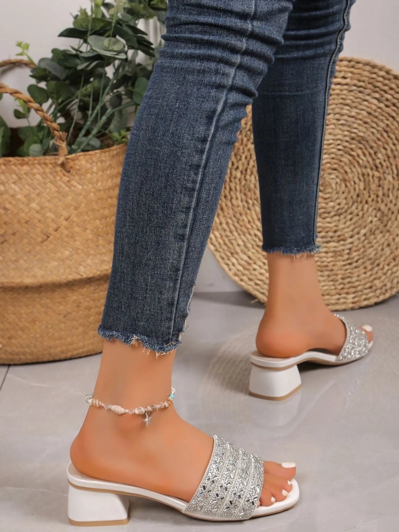 Rhinestone Open Toe Block Heels Sandals