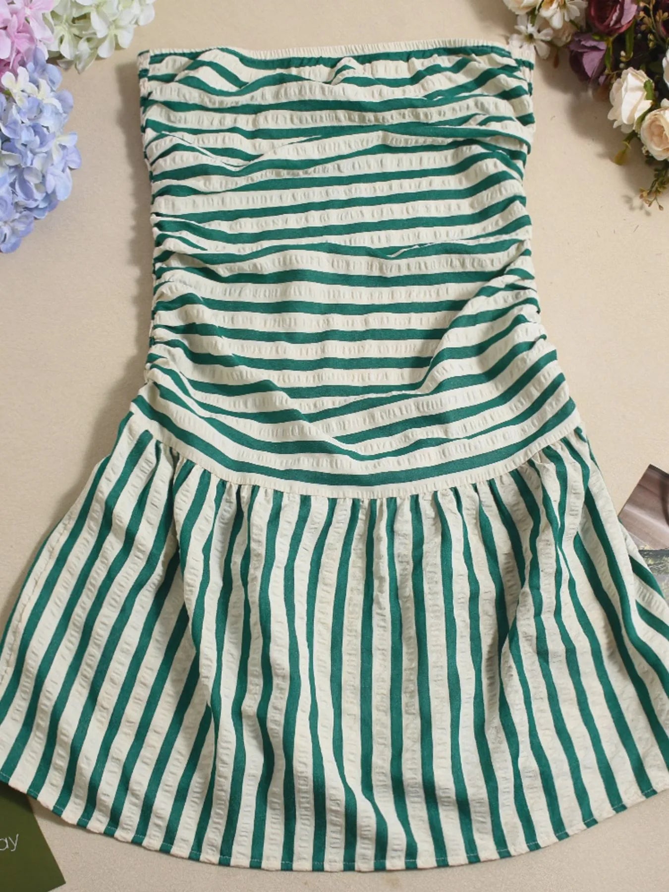 Green Striped Tube Mini Dress – Trendy Strapless Dress for Women
