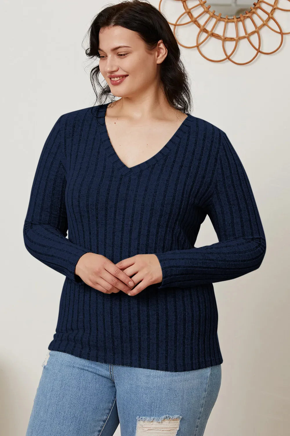 Comfy Ribbed V-Neck Long Sleeve Tee