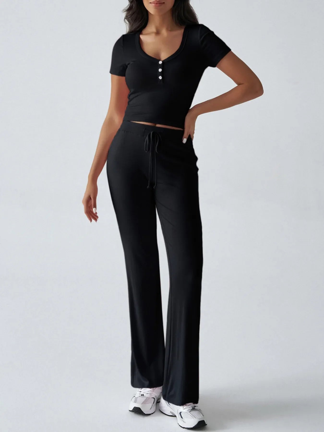 Casual Ribbed Short Sleeve Top and Pants Set