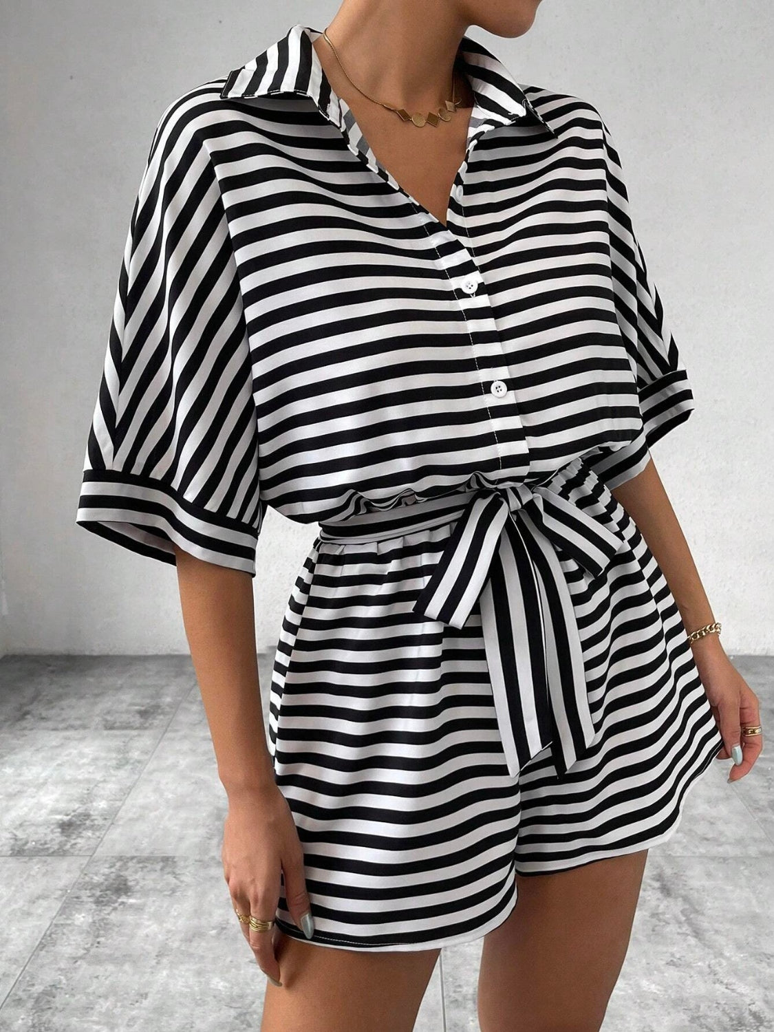 Striped Romper - Tie Waist
