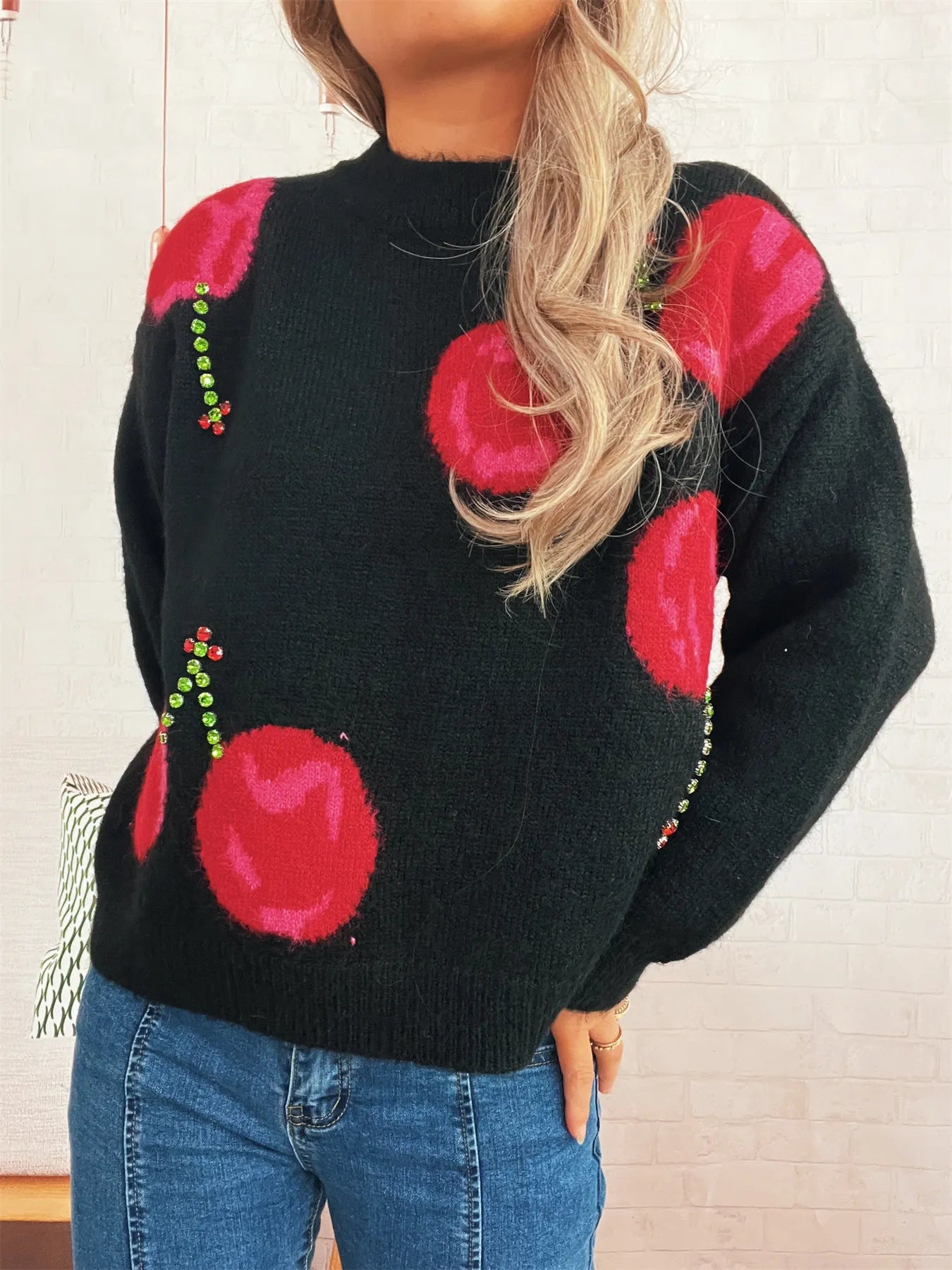 Women’s Contrast Cherry Round Neck Sweater – Cute Knit Pullover for Fall & Winter