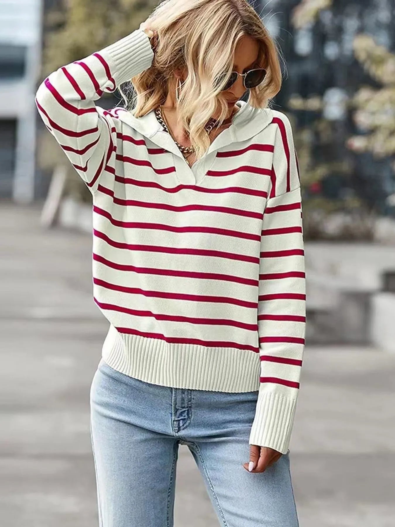 Ribbed Striped Sweater with Long Sleeves