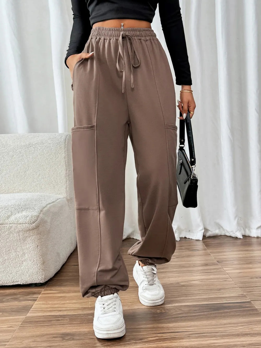 Taupe Jogger Pants – Tie Waist, Handy Pockets
