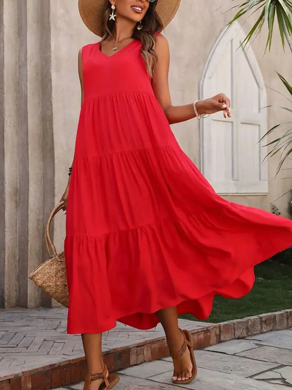 Tiered V-Neck Sleeveless Dress