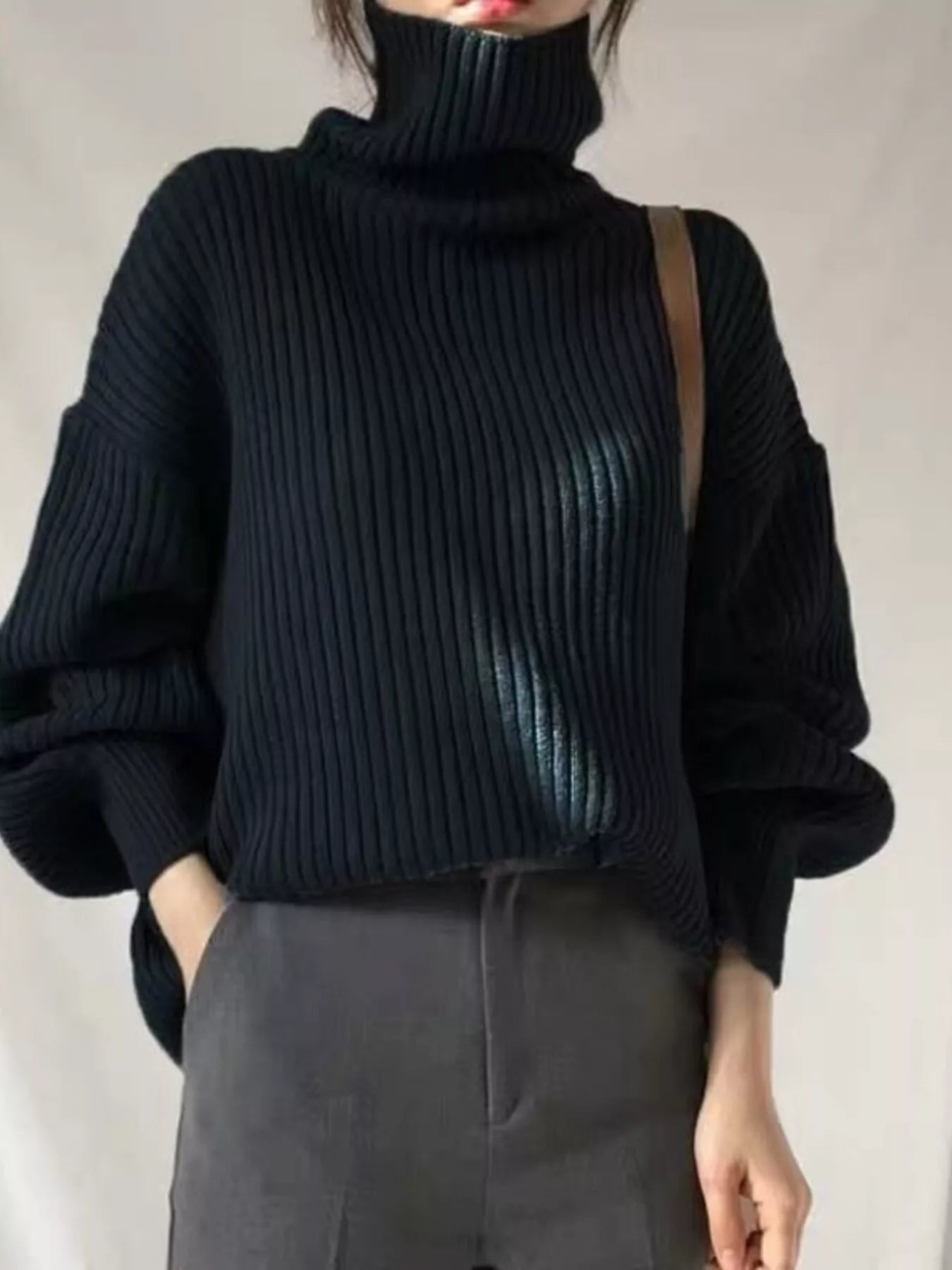 Full Size Oversized Turtleneck Ribbed Knit Sweater Plus Size