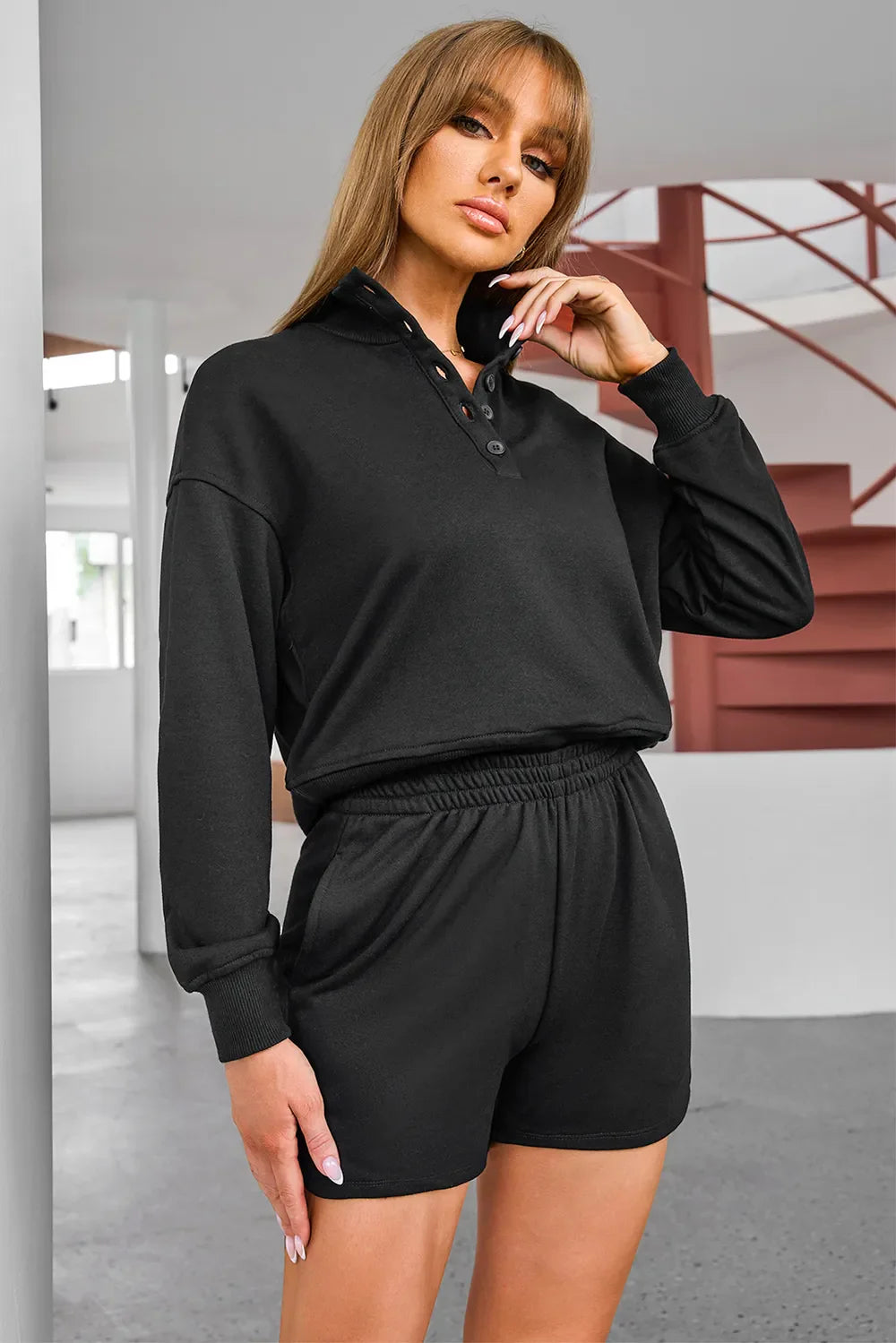 Sweatshirt and Shorts Set – Half Button, Sporty Fit