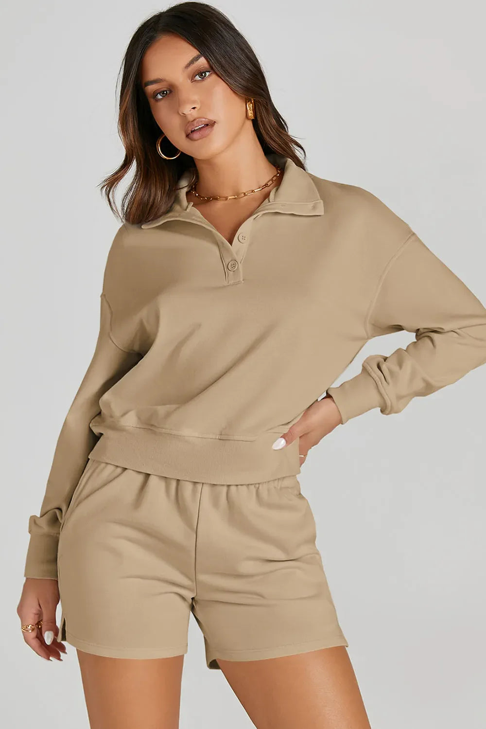 Sweatshirt and Shorts Set – Half Button, Sporty Fit