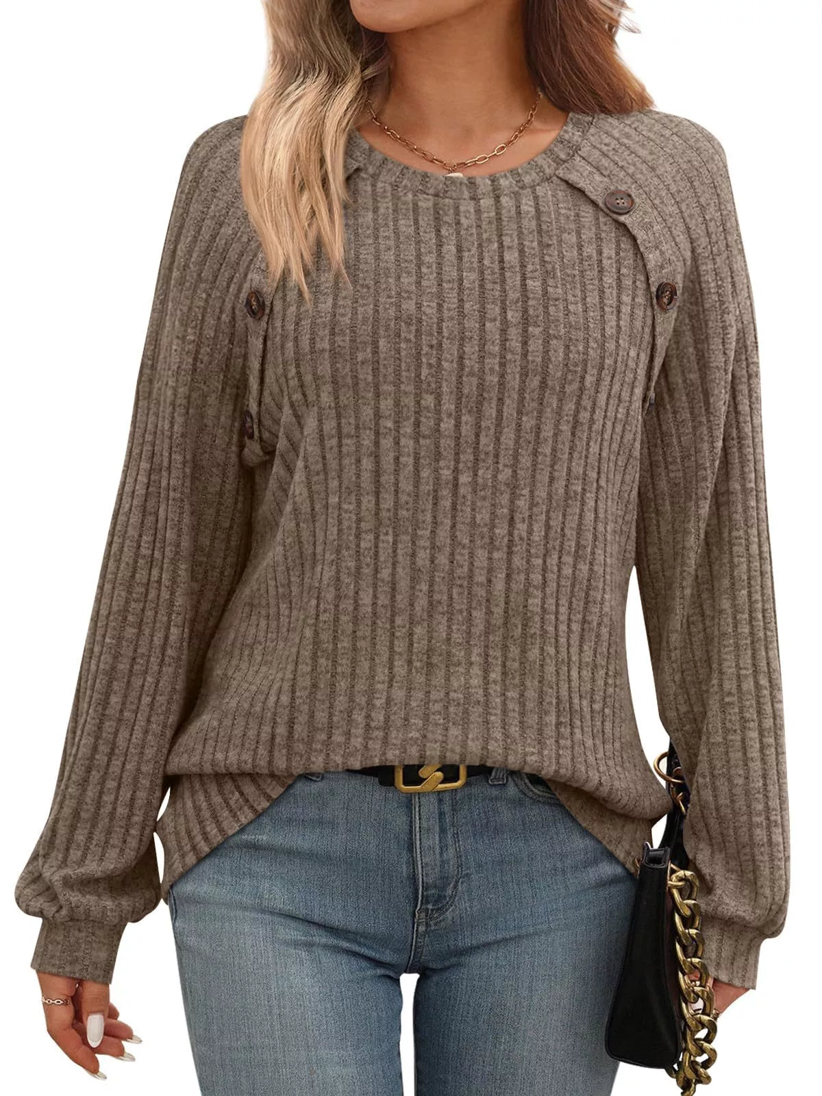 Ribbed Knit Decor Button Long Sleeve T-Shirt