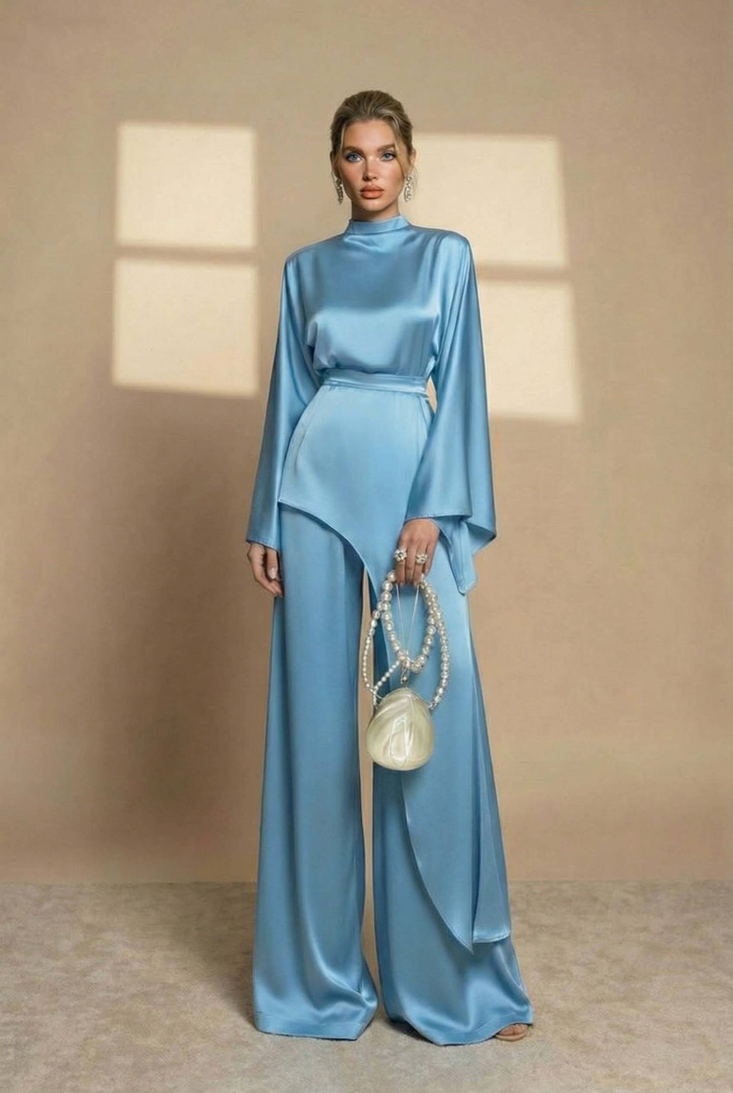 Irregular Shirt And Wide Leg Pants Set Light Blue