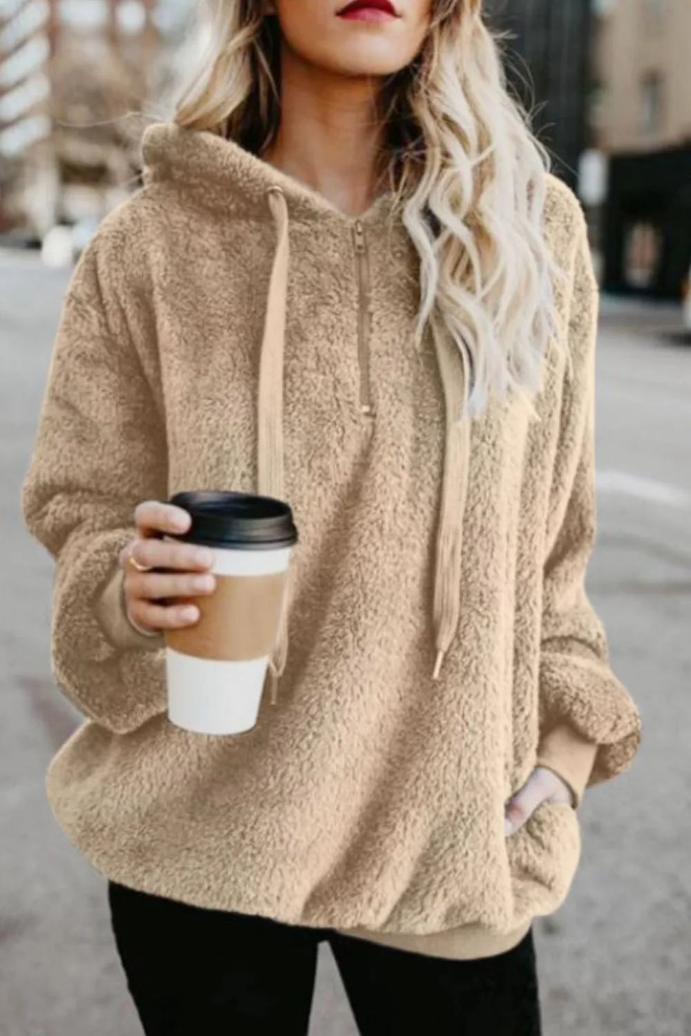 Cozy Quarter-Zip Teddy Hoodie – Full Size, Plush & Playful with Drawstring Style