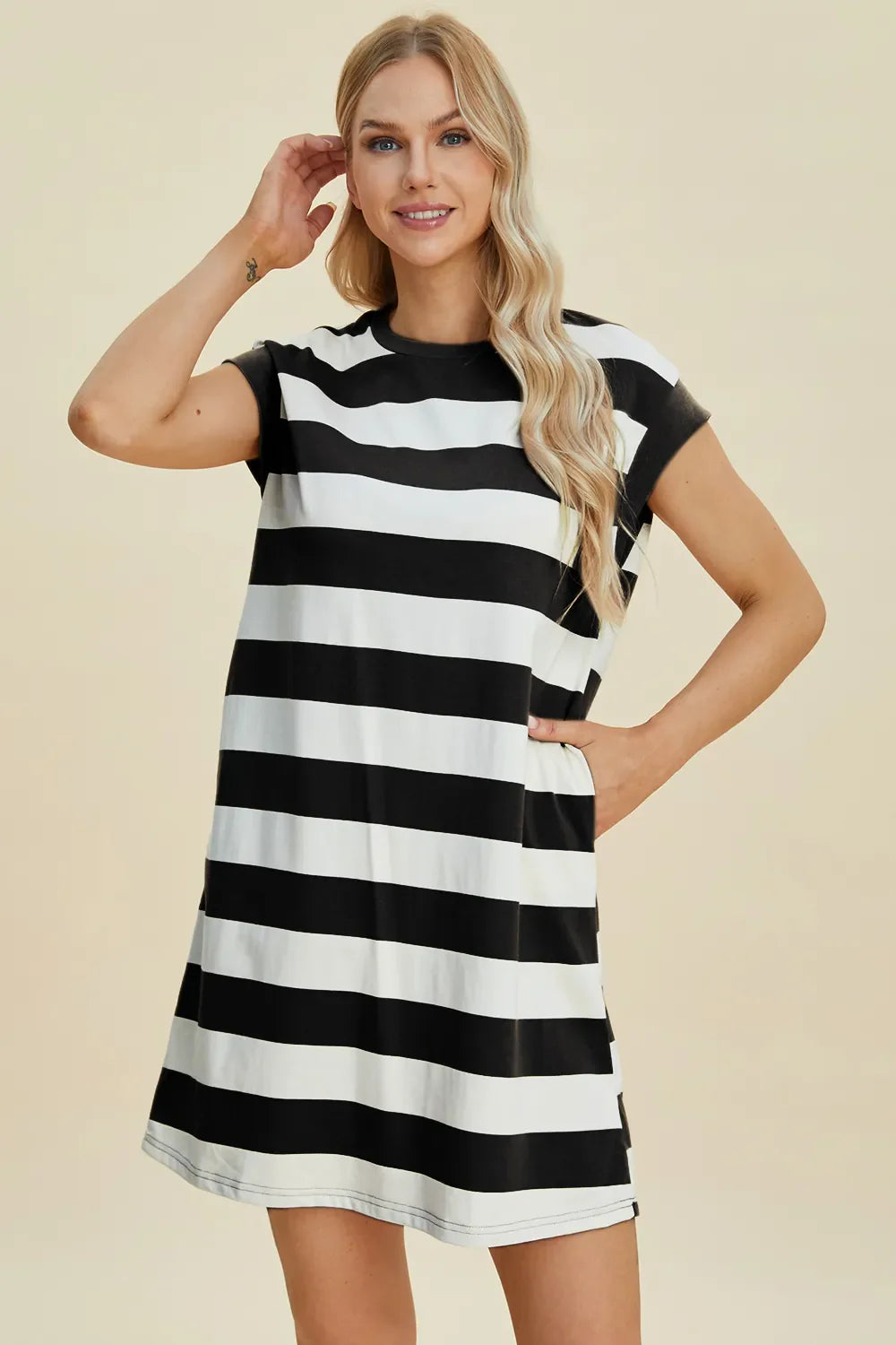 Striped Sleeve Mini Dress = Round Neck