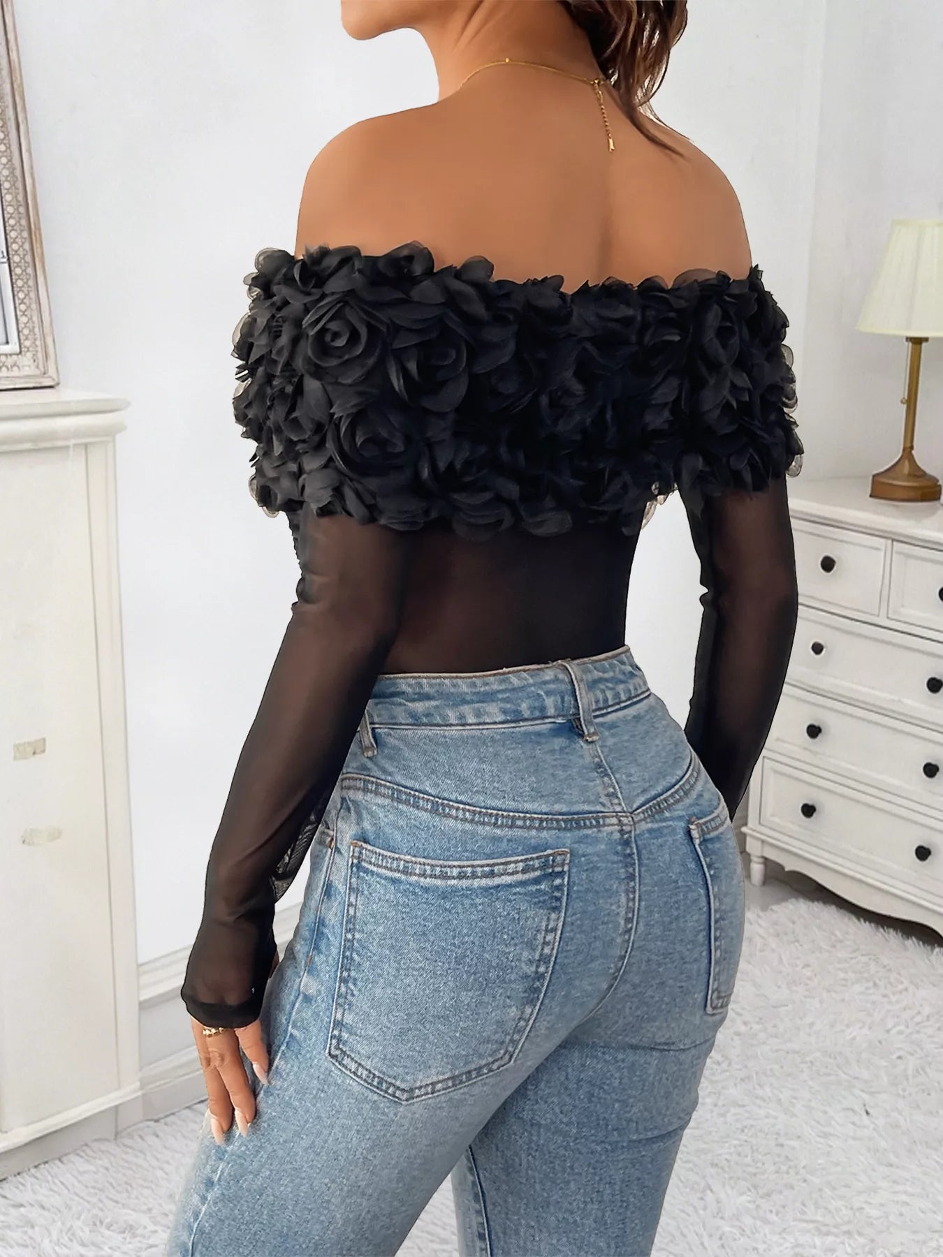 Black Floral Mesh Off-Shoulder Bodysuit for Women – Sheer Sexy Club & Party Top