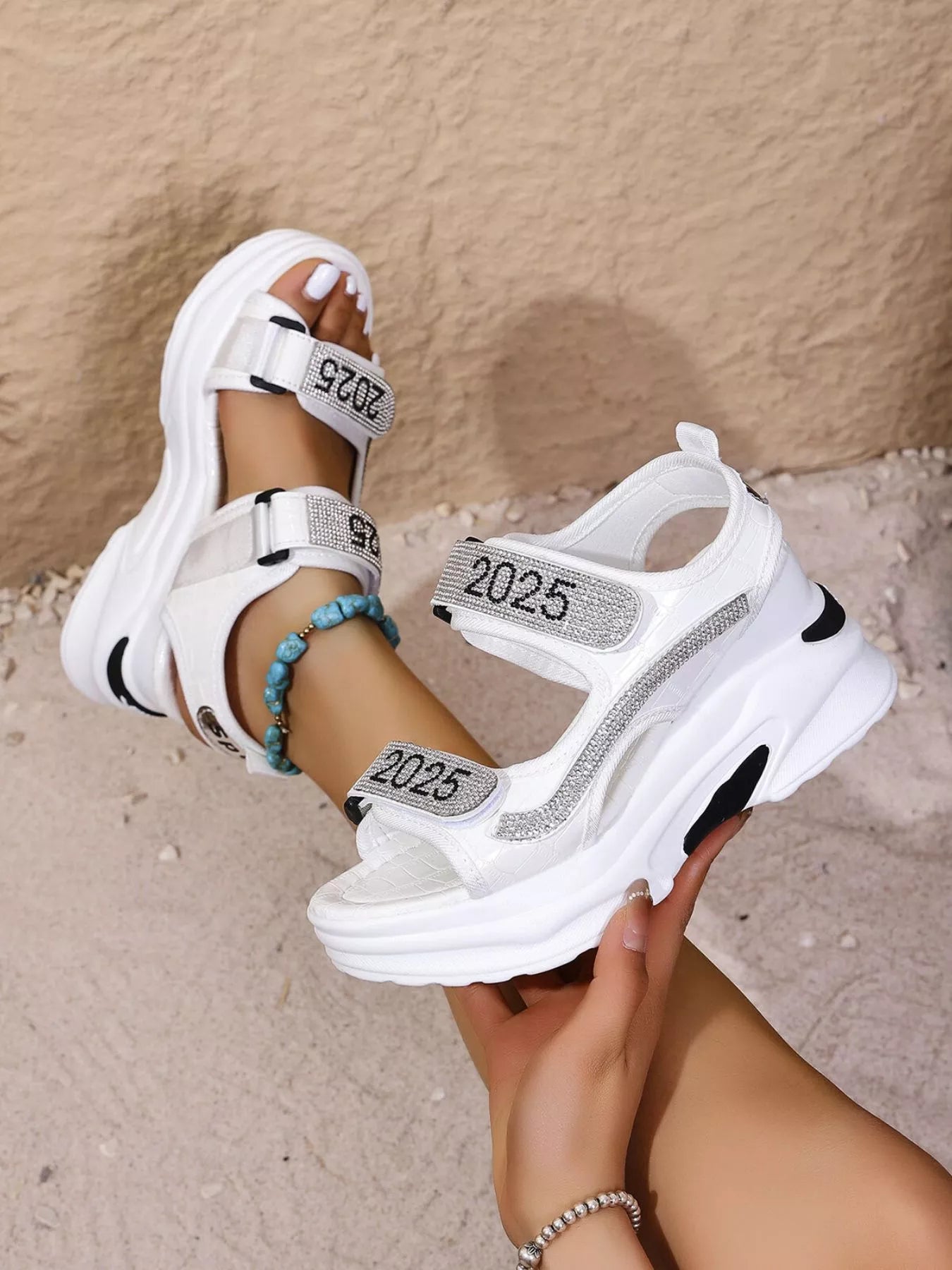 Women’s 2025 Rhinestone Platform Sandals – Sparkly Chunky Heel Slip-On Party Shoes