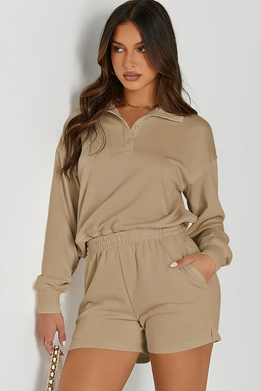 Sweatshirt and Shorts Set – Half Button, Sporty Fit
